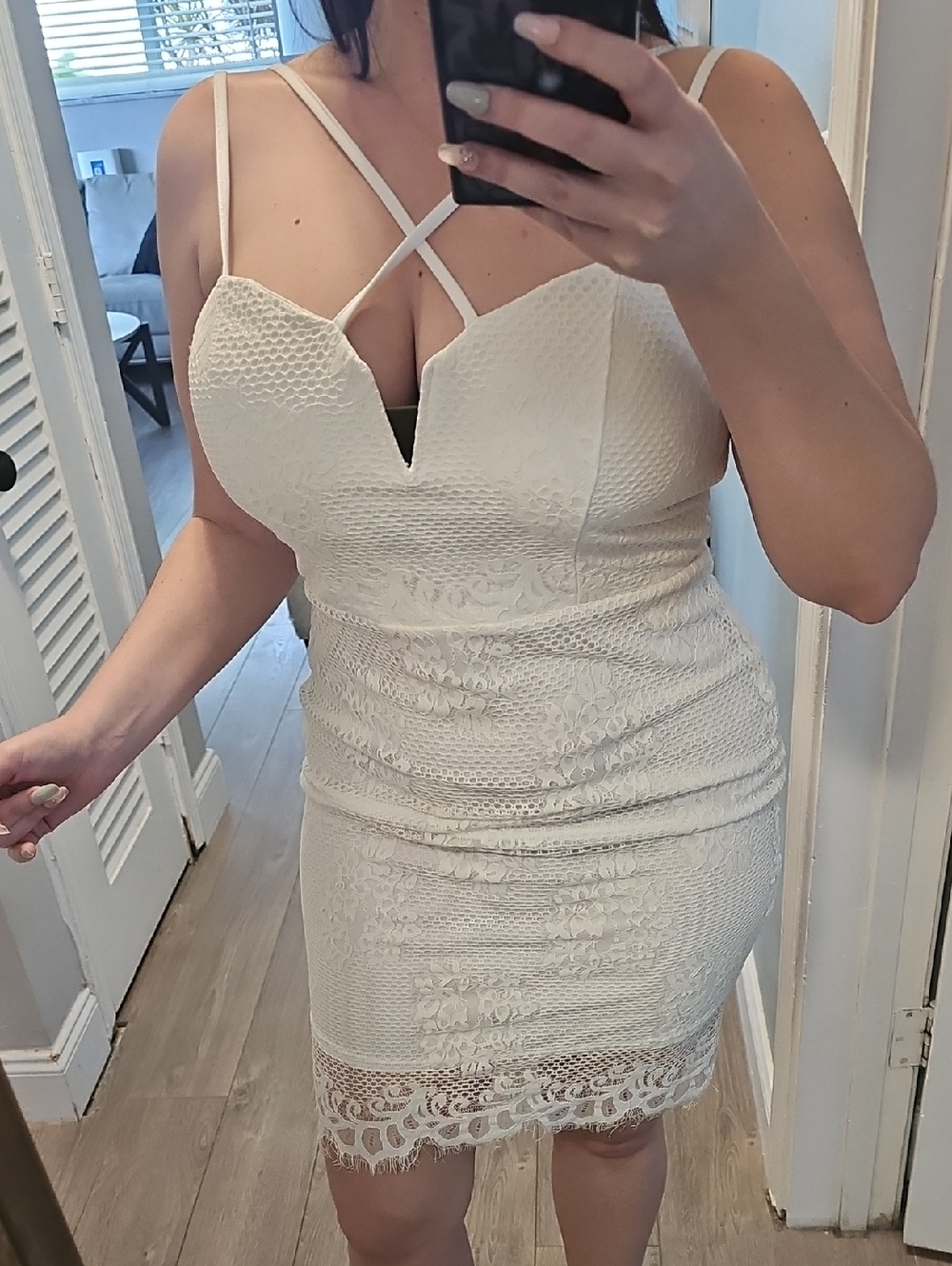 Material Girl White Lace Mini Dress with Strappy V-Neck